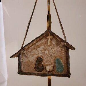 Contemporary Ceramic Pottery Nativity Scene w/ Leather Hanger Christmas Decor